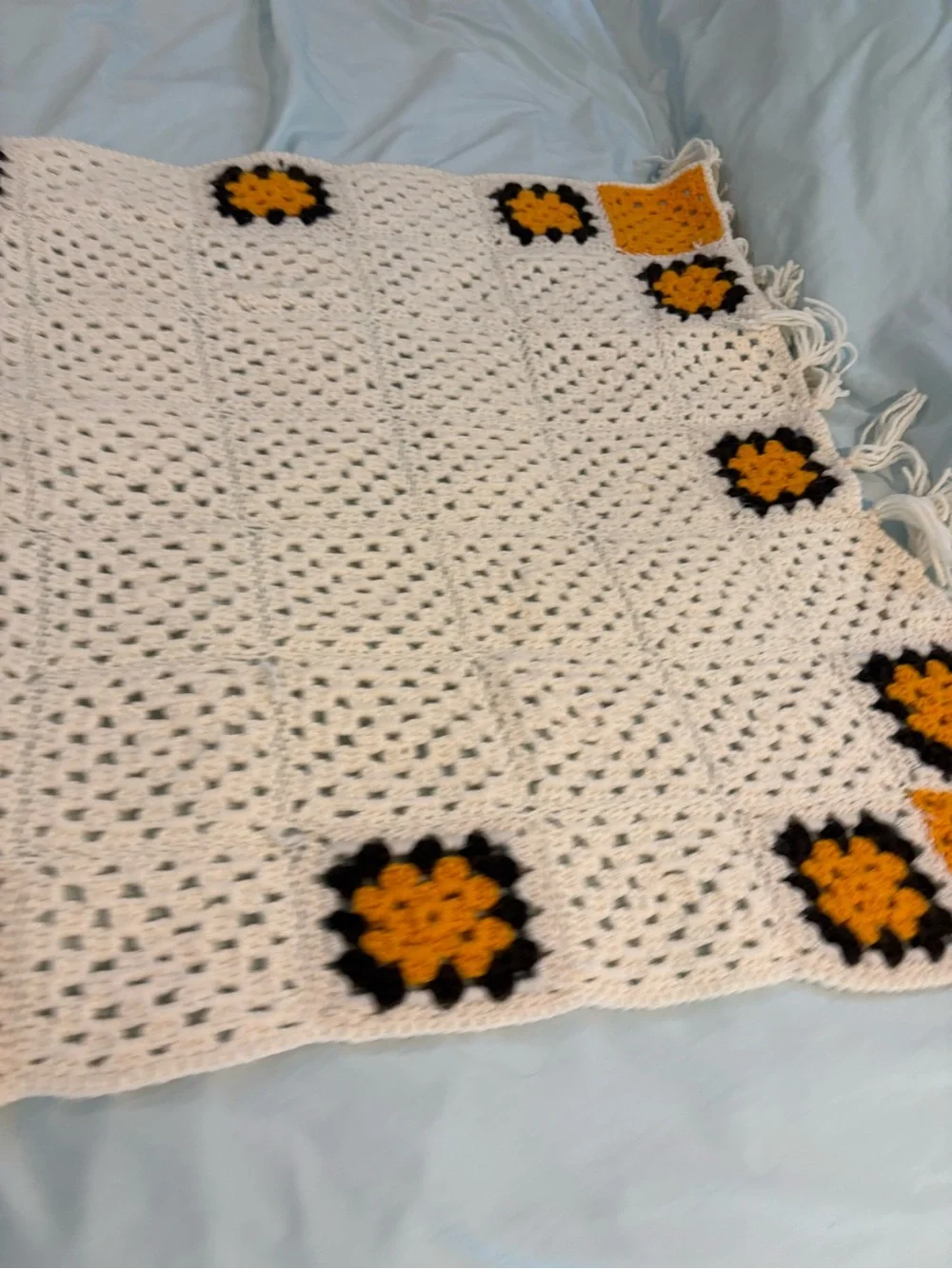 Handmade Crochet Granny Square Throw Blanket Cream Mustard Brown Fringe 32x55